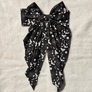 Gothic Black Bow with White Bats Spider Webs and Bones Fabric Hair Bow Clip